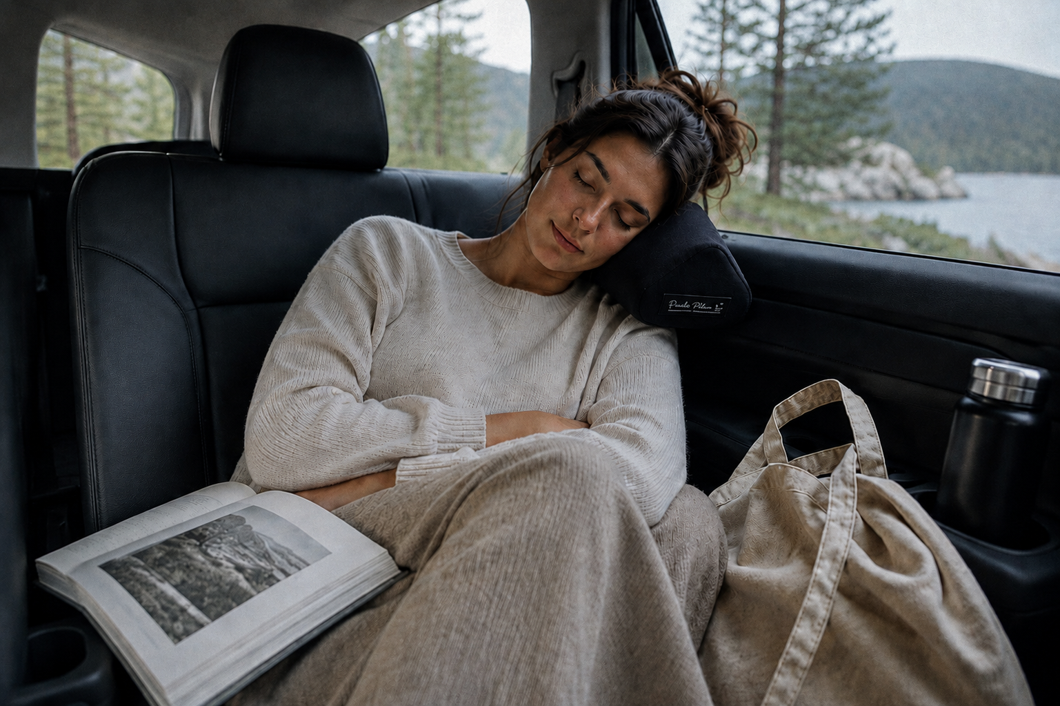 Woman sitting in a car with a book and black pillow used for neck support, wearing a white sweater and beige pants, with a scenic background.